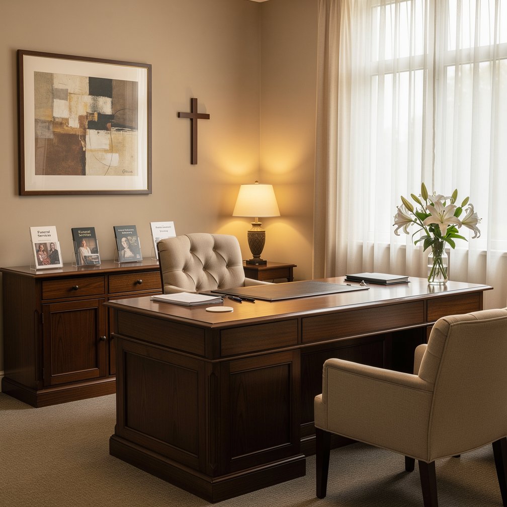 Respectful and professional office interior of a funeral service, elegant and calm, empathetic atmosphere, warm lighting, wooden furniture