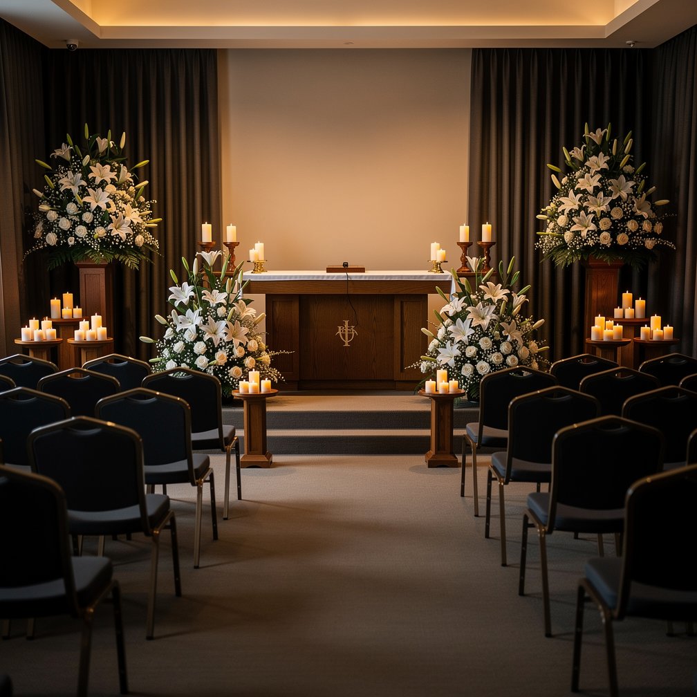 Professional funeral ceremony hall, respectful atmosphere, flowers and candles, elegant lighting, high quality photography