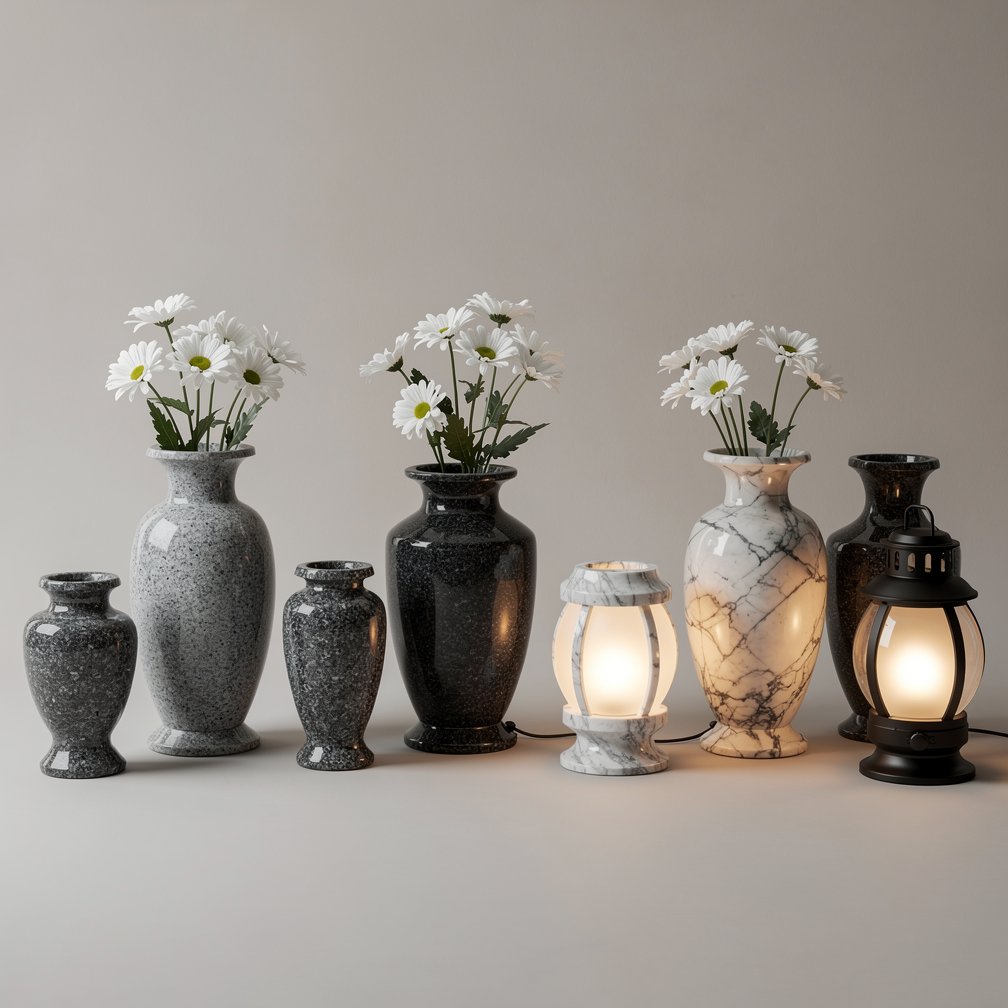 Funeral monument accessories, stone vases, lamps, respectful cemetery decorations, granite and marble