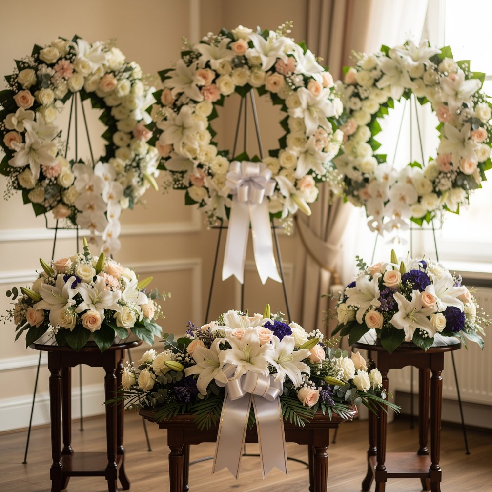 Beautiful funeral flower arrangements, wreaths and bouquets, elegant and respectful, high quality florist work