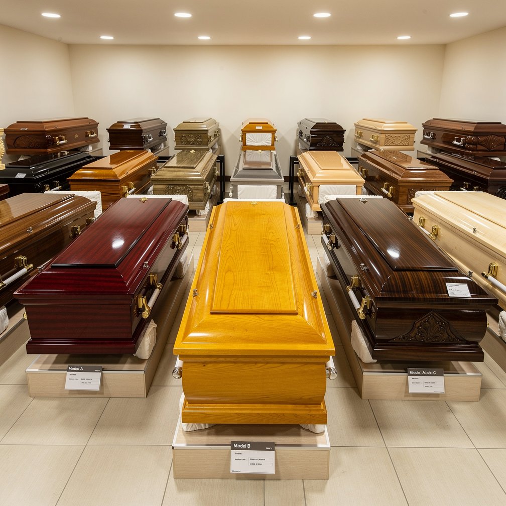 High quality wooden coffins in a showroom, respectful presentation, various styles and wood types