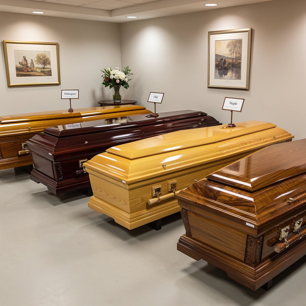 High quality wooden coffins in a showroom, respectful presentation, various styles and wood types