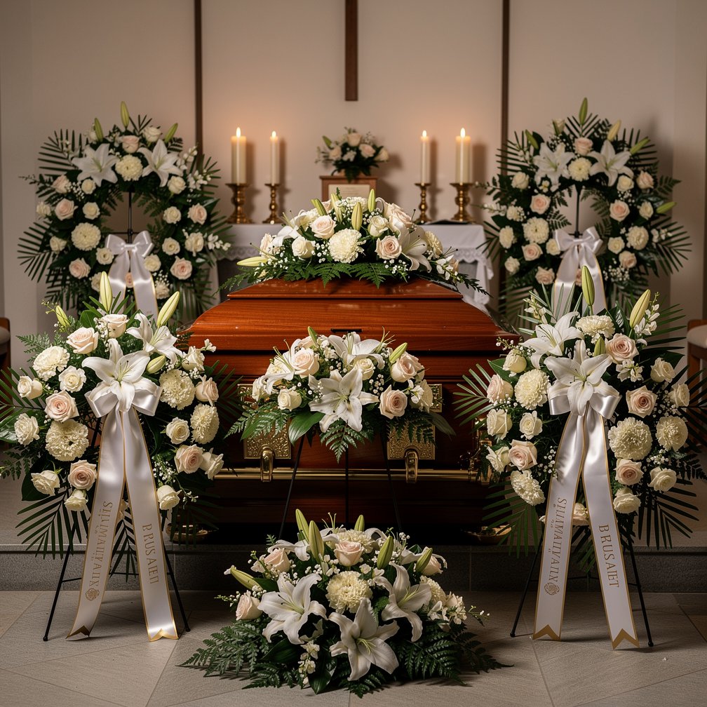 Beautiful funeral flower arrangements, wreaths and bouquets, elegant and respectful, high quality florist work