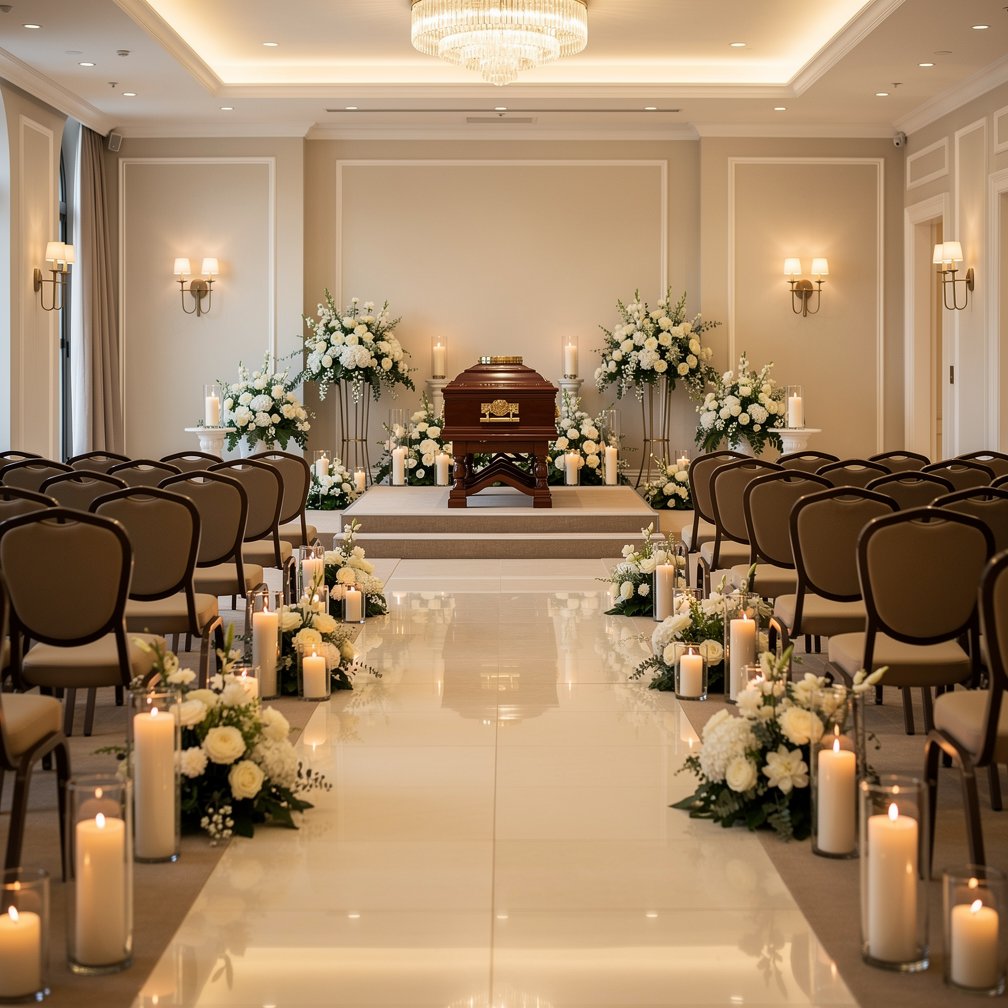 Professional funeral ceremony hall, respectful atmosphere, flowers and candles, elegant lighting, high quality photography
